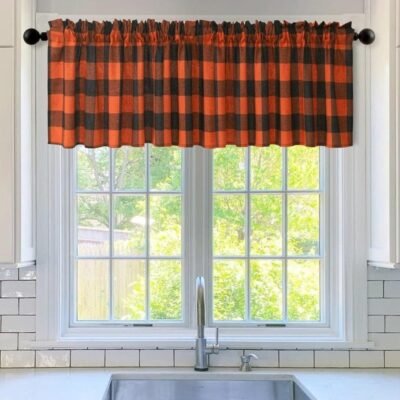 MIULEE Orange and Black Buffalo Plaid Curtains for Window Fall Decor Farmhouse Buffalo Check Gingham Rod Pocket Valances Curtain Valance for Kitchen Bathroom Living Room 52" x 18"