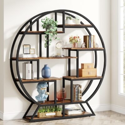 Round Bookshelf, 63 Inch Etagere Bookcase with Staggered Shelves