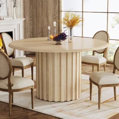 Round Dining Table, 47.24 Farmhouse Kitchen Table with Metal Base for 4