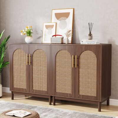 Sideboard Buffet Set of 2, Accent Rattan Storage Cabinet with Doors