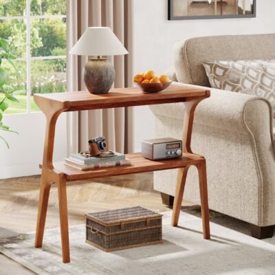Solid Wood End Table, 2-Tier Sofa Side Table with Storage Shelf