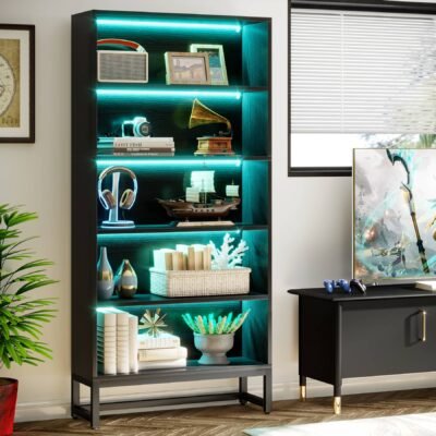70.8" Bookcase with Lights, Large Bookshelf Organizer with 5-Tier Storage Shelves
