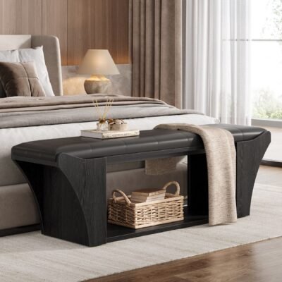 Upholstered Entryway Bench, 57" Shoe Storage Benches with Open Shelf