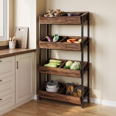 Wood Fruit Vegetable Storage Rack Stand, 4-Tier Storage Organizer