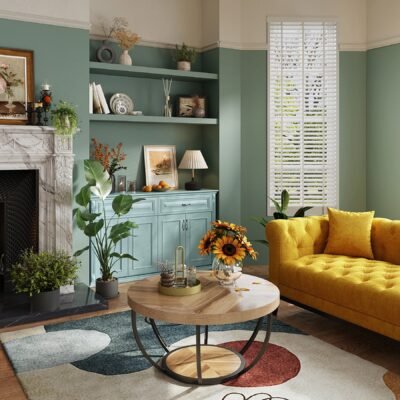 Wooden Coffee Table, 2-Tier Round Central Cocktail Table with Shelves