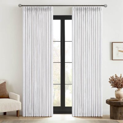 MIULEE Pinch Pleated White Linen Curtains 90 Inches Long 2 Panels, Thick Texture Linen Drapes for Living Room Bedroom, Pinch Pleat Back Tab Light Filtering Farmhouse Window Curtains with Hooks&Rings