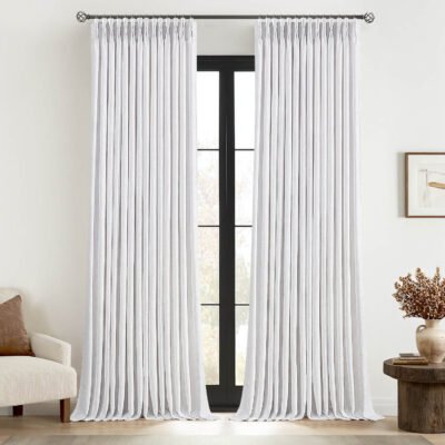 MIULEE Pinch Pleated White Linen Curtains 102 Inches Long 2 Panels, Thick Texture Linen Drapes for Living Room Bedroom, Pinch Pleat Back Tab Light Filtering Farmhouse Window Curtains with Hooks&Rings