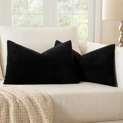 MIULEE Black Corduroy Pillow Covers Pack of 2 Boho Decorative Spliced Throw Pillow Covers Soft Solid Couch Pillowcases Cross Patchwork Textured Cushion Covers for Living Room Bed Sofa 14x24 inch
