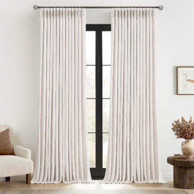 MIULEE Pinch Pleated Linen Curtains 105 Inches Long 2 Panels for Living Room Bedroom, Thick Texture Linen Drapes Pleat Back Tab Light Filtering Boho Nautral Farmhouse Window Curtains with Hooks&Rings