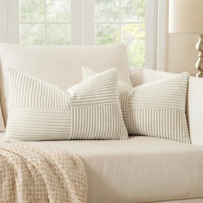 MIULEE Beige Corduroy Pillow Covers Pack of 2 Boho Decorative Spliced Throw Pillow Covers Soft Solid Couch Pillowcases Cross Patchwork Textured Cushion Covers for Living Room Bed Sofa 14x22 inch