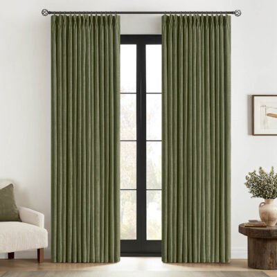 MIULEE Olive Green Pinch Pleated Linen Curtains 90 Inches Long 2 Panels for Living Room Bedroom, Thick Texture Linen Drapes Pleat Back Tab Semi Sheer Moss Green Window Curtains with Hooks&Rings