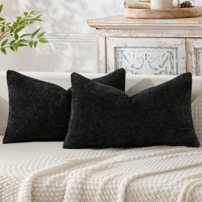 MIULEE Pack of 2 Black Decorative Pillow Covers 20x12 Inch Soft Chenille Couch Throw Pillows Farmhouse Cushion Covers for Home Decor Sofa Bedroom Living Room