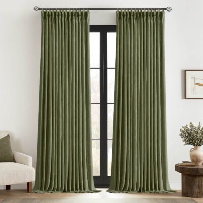 MIULEE Olive Green Pinch Pleated Linen Curtains 96 Inches Long 2 Panels for Living Room Bedroom, Thick Texture Linen Drapes Pleat Back Tab Semi Sheer Moss Green Window Curtains with Hooks&Rings