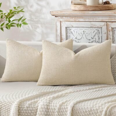 MIULEE Pack of 2 Cream Decorative Pillow Covers 20x12 Inch Soft Chenille Couch Throw Pillows Farmhouse Cushion Covers for Home Decor Sofa Bedroom Living Room