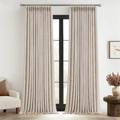 MIULEE Pinch Pleated Linen Curtains 102 Inches Long 2 Panels for Living Room Bedroom, Thick Texture Linen Drapes Pinch Pleat Back Tab Semi Sheer Privacy Neutral Ivory Cream Farmhouse Window Curtains