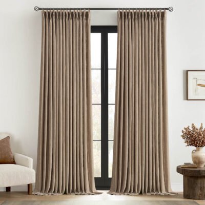MIULEE Pinch Pleated Linen Curtains 102 Inches Long 2 Panels for Living Room Bedroom, Textured Thick Linen Drapes Pleat Back Tab Light Filtering Brown Country Farmhouse Burlap Curtains with Hooks