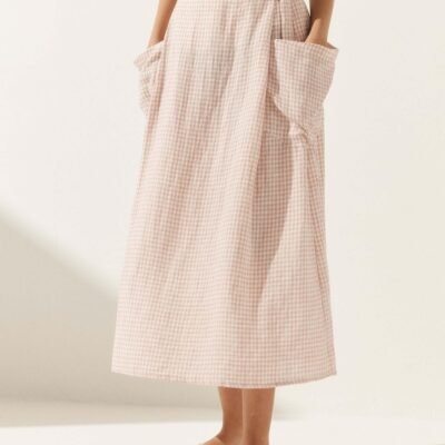 Linen Checked Elastic Waist Skirt ONYX