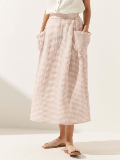 Linen Checked Elastic Waist Skirt ONYX