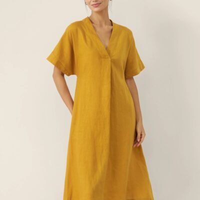 100% Linen V-Neck Tie-Waist Midi Dress BONNIE