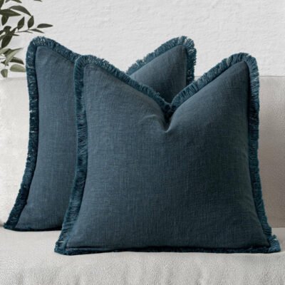 MIULEE Decorative Throw Pillow Covers Neutral Linen Fringe Throw Pillows Euro Shams Set of 2 Navy Blue Boho Farmhouse Cushion Covers for Couch Sofa Bed Living Room Spring Home Decor 26x26 Inch