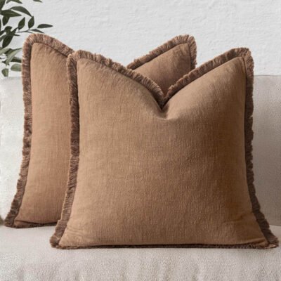 MIULEE Decorative Throw Pillow Covers Neutral Linen Fringe Throw Pillows Euro Shams Set of 2 Brown Boho Farmhouse Cushion Covers for Couch Sofa Bed Living Room Spring Home Decor 26x26 Inch