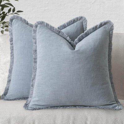 MIULEE Decorative Throw Pillow Covers Neutral Linen Fringe Throw Pillows Euro Shams Set of 2 Light Blue Boho Farmhouse Cushion Covers for Couch Sofa Bed Living Room Spring Home Decor 22x22 Inch