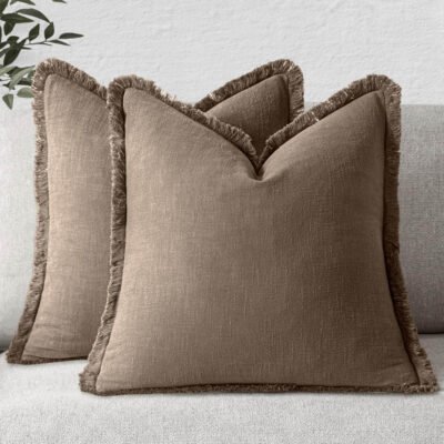 MIULEE Decorative Throw Pillow Covers Neutral Linen Fringe Throw Pillows Euro Shams Set of 2 Cocoa Brown Boho Farmhouse Cushion Covers for Couch Sofa Bed Living Room Spring Home Decor 26x26 Inch