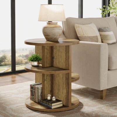 Round End Table, 23.6 Side Table with 3-Tier Storage Shelf