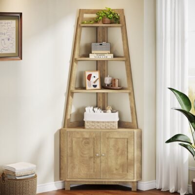 70.9 Corner Shelf, 5-Tier Bookcase Ladder Shelf with Storage Cabinet