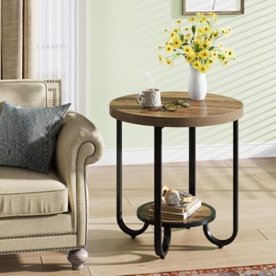 2-Tier End Table, Round Side Table Nightstand with Curved Metal Legs
