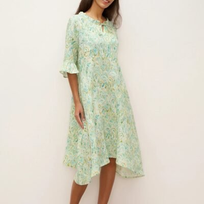 100% Linen A-Line Ruffled Collar Tie-Neck Midi Dress LIVIA