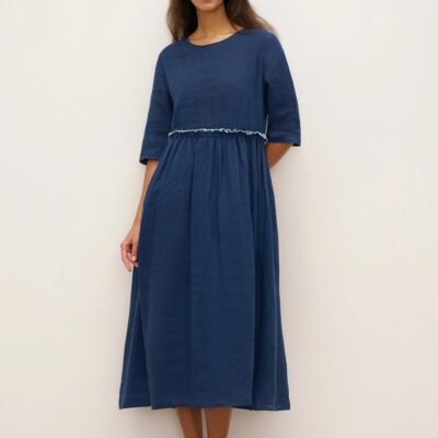 100% Linen Petal-Waist Drawstring Midi Dress JASMINE