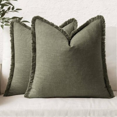 MIULEE Decorative Throw Pillow Covers Neutral Linen Fringe Throw Pillows Euro Shams Set of 2 Olive Green Boho Farmhouse Cushion Covers for Couch Sofa Bed Living Room Spring Home Decor 28x28 Inch