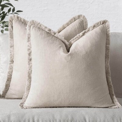 MIULEE Decorative Throw Pillow Covers Neutral Linen Fringe Throw Pillows Euro Shams Set of 2 Natural Beige Boho Farmhouse Cushion Covers for Couch Sofa Bed Living Room Spring Home Decor 28x28 Inch