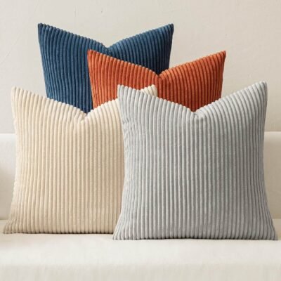 MIULEE Pack of 4 Blue-Orange Corduroy Decorative Throw Pillow Covers 18x18 Inch Soft Boho Striped Pillow Covers Modern Farmhouse Home Decor for Winter Sofa Living Room Couch Bed