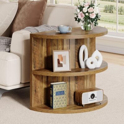 3-Tier End Table, Half Round Wooden Side Table with Storage Shelves