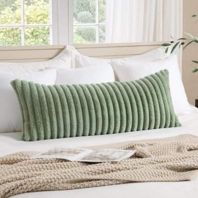 MIULEE 1 Piece Faux Fur Lumbar Decorative Throw Pillow Covers 14x36 Inch, Modern Spring Home Decor Soft Plush Couch Pillows Cozy Fluffy Cushion Covers for Sofa Bed Sage Green