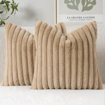 MIULEE Faux Fur Decorative Throw Pillow Covers 16x16 Inch Set of 2, Modern Spring Home Decor Soft Plush Couch Pillows Cozy Fluffy Cushion Covers for Sofa Khaki