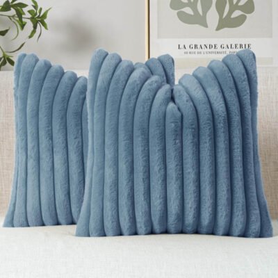 MIULEE Faux Fur Decorative Throw Pillow Covers 20x20 Inch Set of 2, Coastal Modern Art Home Decor Soft Plush Couch Pillows Cozy Fluffy Cushion Covers for Sofa Bed Grey Blue