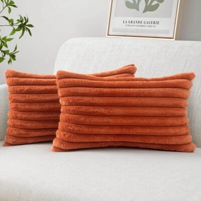 MIULEE Faux Fur Lumbar Decorative Throw Pillow Covers 12x20 Inch Set of 2, Retro Vintage Boho Home Decor Soft Plush Couch Pillows Cozy Fluffy Cushion Covers for Sofa Bed Burnt Orange