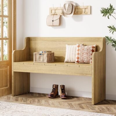 43.3 Entryway Bench, Wooden End of Bed Bench with Back