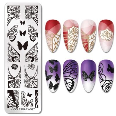 Butterfly Rose Nail Stamping Plate NICOLE DIARY-S27