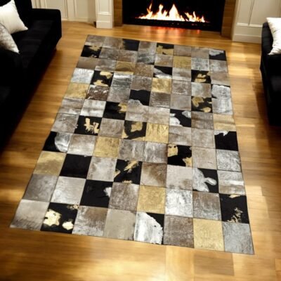 Beige, Black and Gold Leaf Cowhide Patchwork Rug