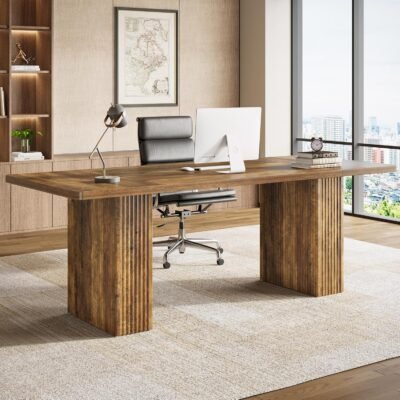 70.89 Executive Desk, Farmhouse Computer Office Desk with Sturdy Fluted Pedestal
