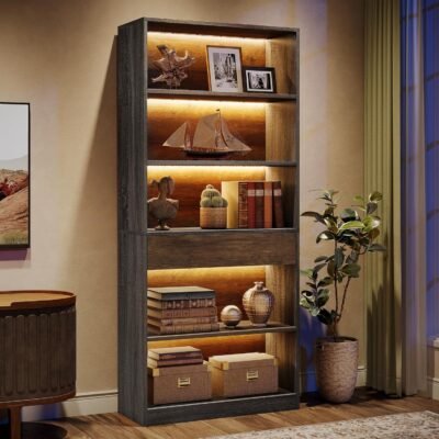 70.8 Bookcase, 5-Tier Floor Standing Bookshelf with Storage Drawer and LED Lights