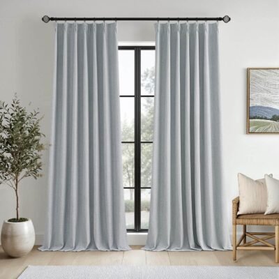 MIULEE Grayish Blue Pinch Pleated 100% Blackout Linen Curtains for Bedroom, Room Darkening Light Blocking Window Curtain 84 inches Long for Living Room, Black Out Pleat Drapes with Pin Hooks, 2 Panels