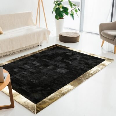 Black Genuine Cowhide Rug with Gold Border