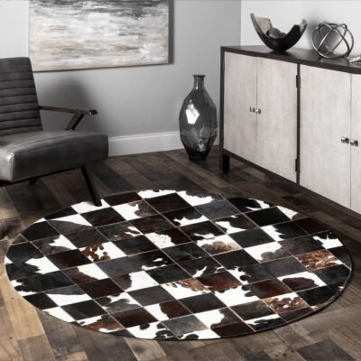 Checkered Brown and White Cowhide Round Rug