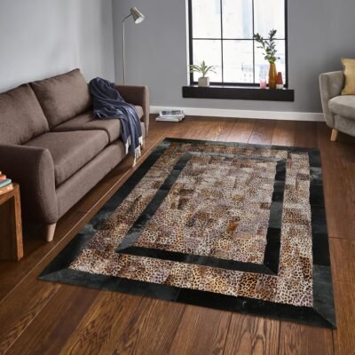 Leopard Print Cowhide Rug with Black Border