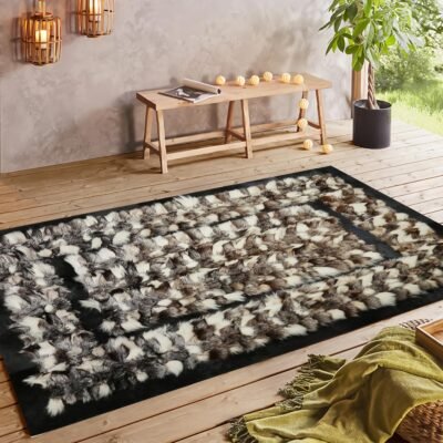 Brown & White Fox Fur Rug with Black Border